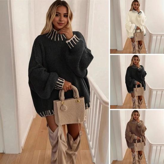 Women Oversized Pullover Sweater Turtleneck Long Sleeve Patchwork Color Winter Knitting Tops Loose Fit Thickened Knit Jumper Tops