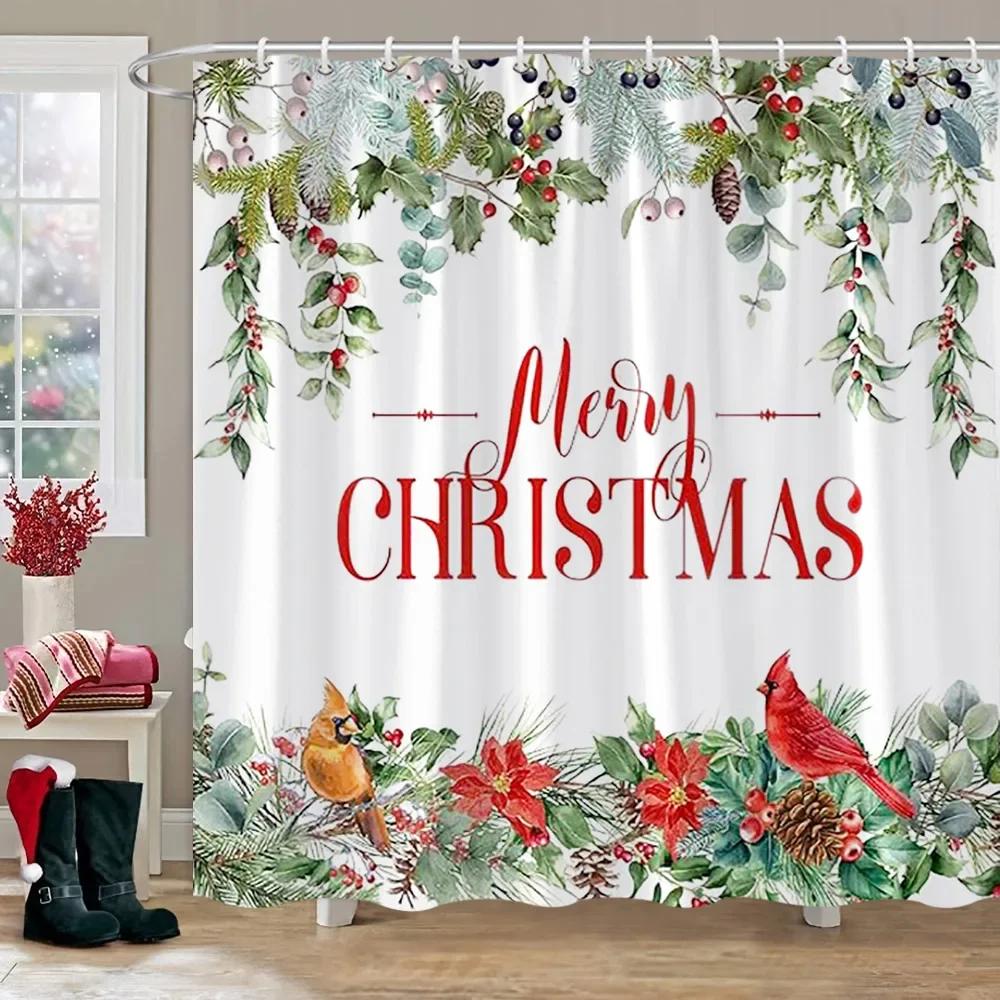 Merry Christmas Shower Curtain Winter Red Truck Snowman Reindeer Snow Farmhouse Shower Curtain Washable Polyester Bathroom Decor
