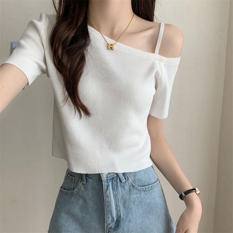 Футболка High End Chic and Beautiful с косым воротником и открытым плечом, короткий трикотажный топ, летняя футболка Ice Silk с короткими рукавами