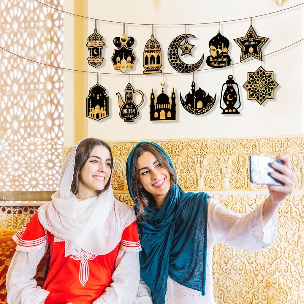 24 шт. Подвесные украшения Рамадан Ид Мубарак, Черный Золотой Звезда Луна Фонарь, Деревянный Исламский Фестивальный Декор, Украшения для дома и стен на Ид аль-Фитр