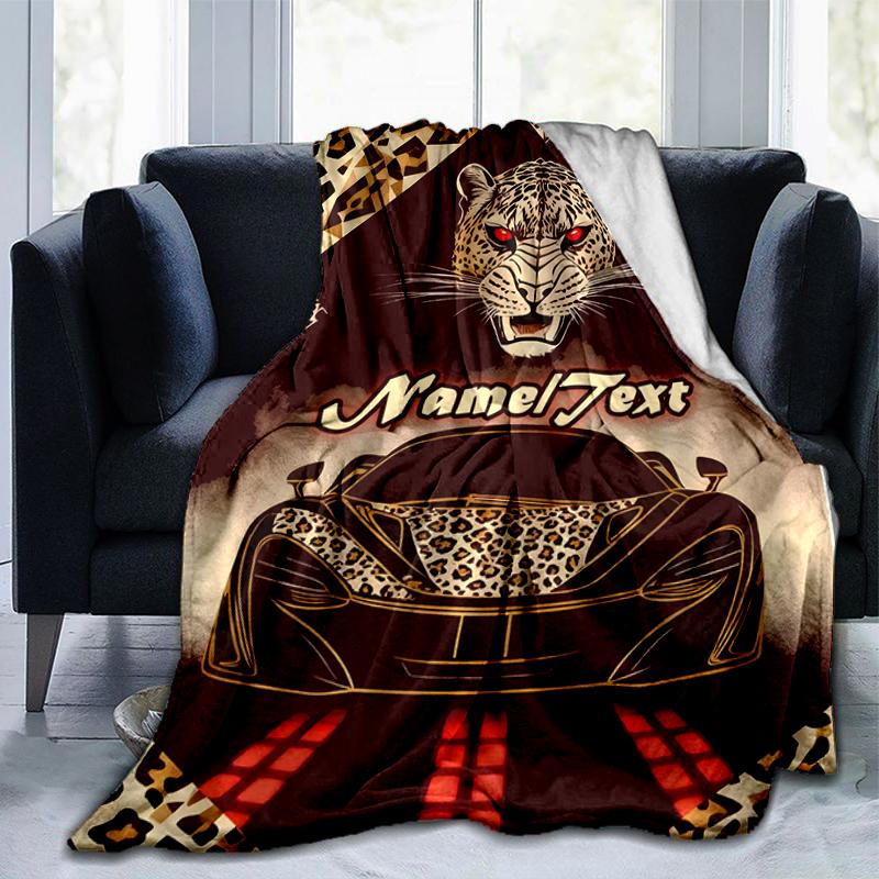 1PC Custom Name Leopard Sports Car outdooor Flannel blankets Throw Blanket All-Season Throw Gift Bedspread for Couch, Bed, Camping Holiday Birthday gi