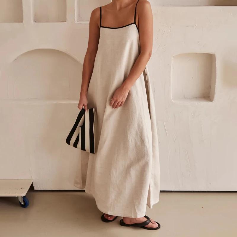 Модное хлопковое платье-бретелька контрастного цвета, весенне-летнее женское простое свободное вентилируемое платье для отдыха с большим подолом