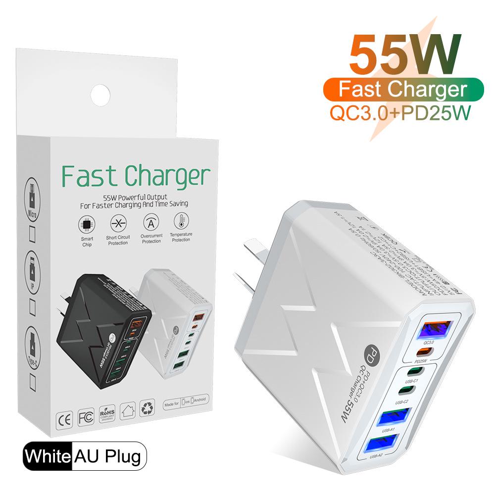 Быстрое зарядное устройство PD 25 Вт на 6 портов: 3 USB, 3 PD 55 Вт с QC3.0 – Штекеры EU, UK, AU