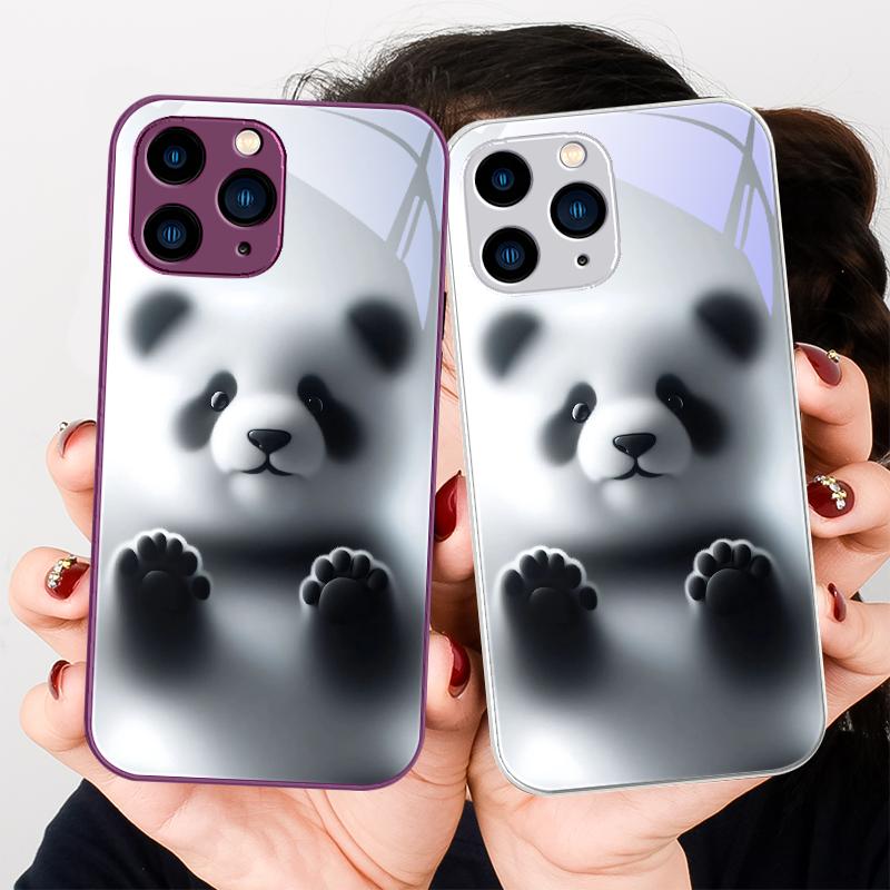 Черно-белый медведь фиолетовый Для iPhone 16 Plus 15 14 13 12 Mini 11 Pro Max X XS XR 7 8 Plus 2022 Закаленное стекло Чехол для телефона