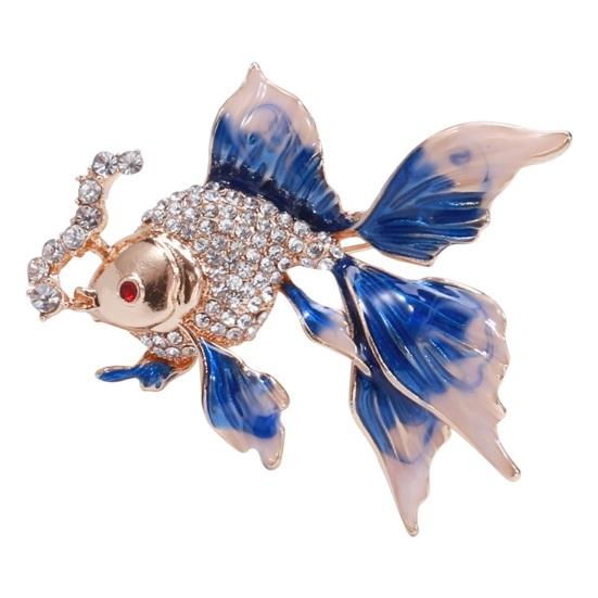 Брошь «Золотая рыбка» Декор со стразами Градиент контрастного цвета Реалистичная форма рыбы 3D Цветная нержавеющая сталь Роскошь