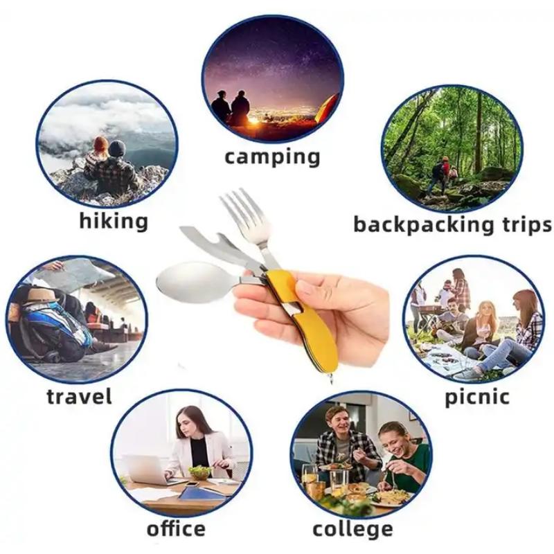 Stainless Steel Cutlery 4 In 1 Outdoor Picnic Tableware Foldable Knife Fork Spoon Bottle Opener Folding Pocket Cutlery Set
