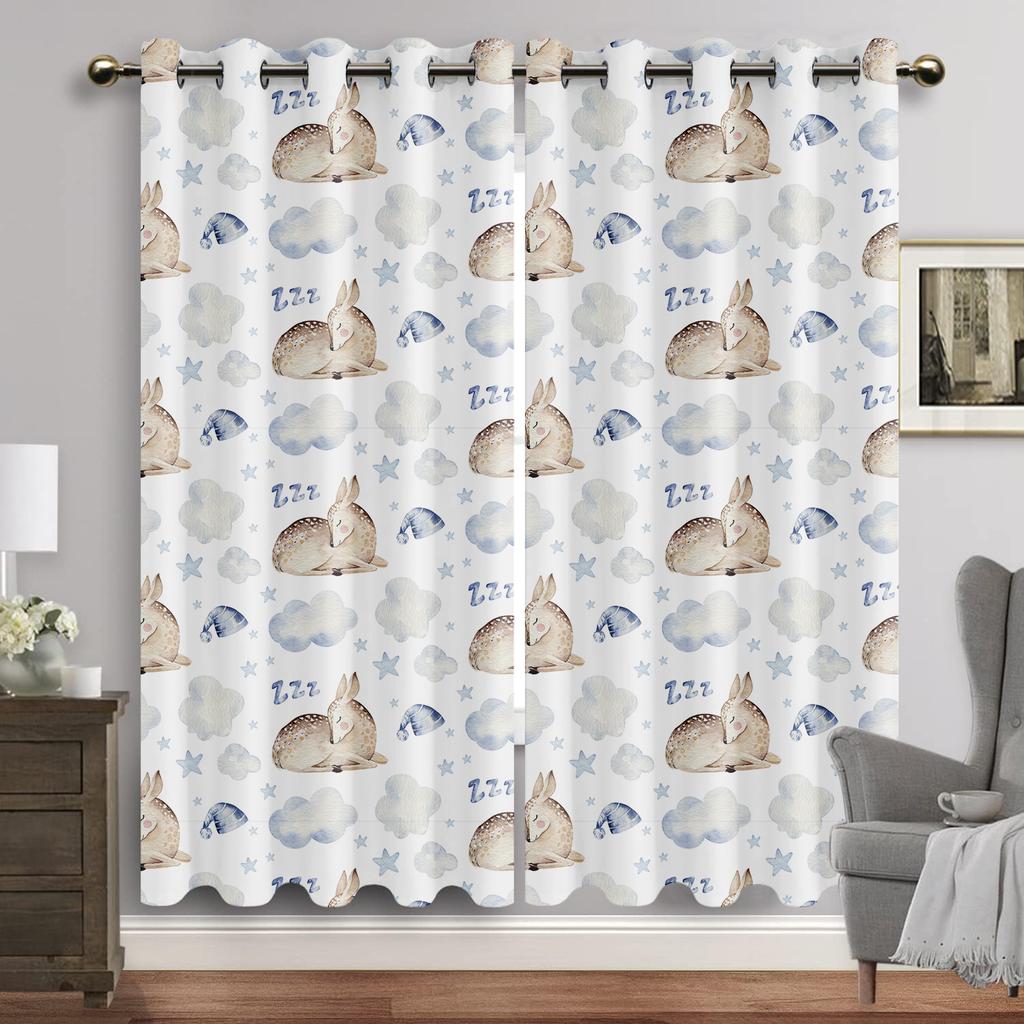 Занавески для окон с изображением животных из мультфильмов, гостиная, акварель, кролик, медведь, люверсы, шторы с принтом луны, новые шторы для детской комнаты, бесплатная доставка