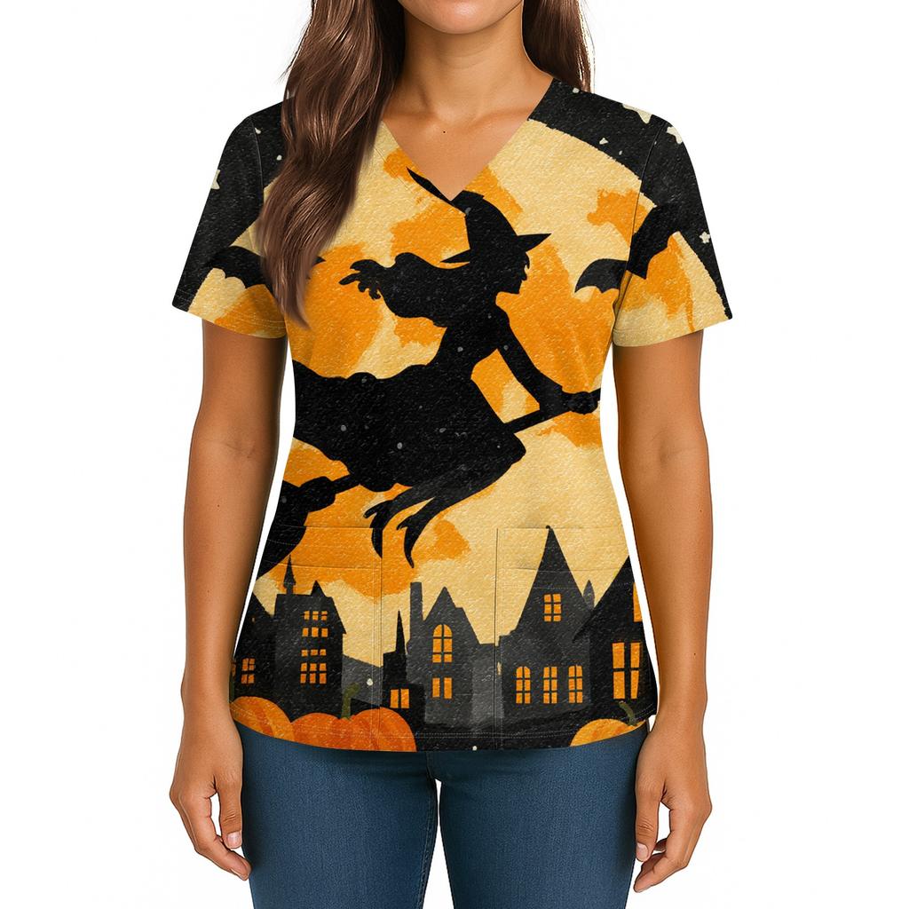 Женский Хэллоуинский Принт V-образный вырез Двойной карман Короткий рукав Разрез по подолу Топ для униформы/сиделки