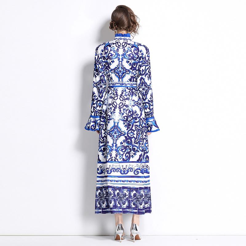 Весна-Осень, взлетно-посадочная полоса, желтый, красный, синий и белый фарфоровый халат с принтом, женские вечерние платья макси с рюшами и длинными расклешенными рукавами на шнуровке с поясом