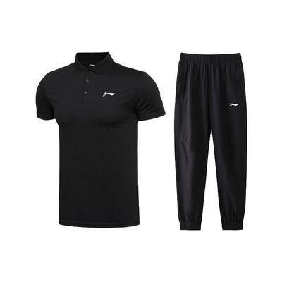 Li Ning Logo Однотонная рубашка поло с коротким рукавом и спортивные брюки, комплект из мужской рубашки поло и брюк, черный APLS141-1+AYKS467-1