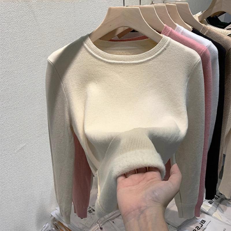 Теплый и утолщенный флисовый свитер, вязаный свитер с круглым вырезом, ленивый дизайн переднего плеча, топ, новинка осени и зимы