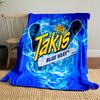 Bright blue flame pattern surrounding bold yellow "Takis" logo text. for all seasons blanket lunch break throw gift