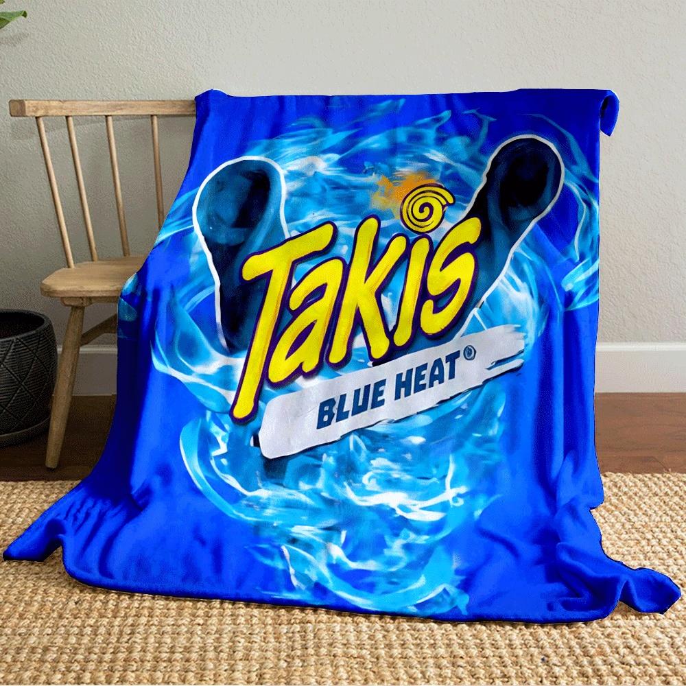 Bright blue flame pattern surrounding bold yellow "Takis" logo text. for all seasons blanket lunch break throw gift