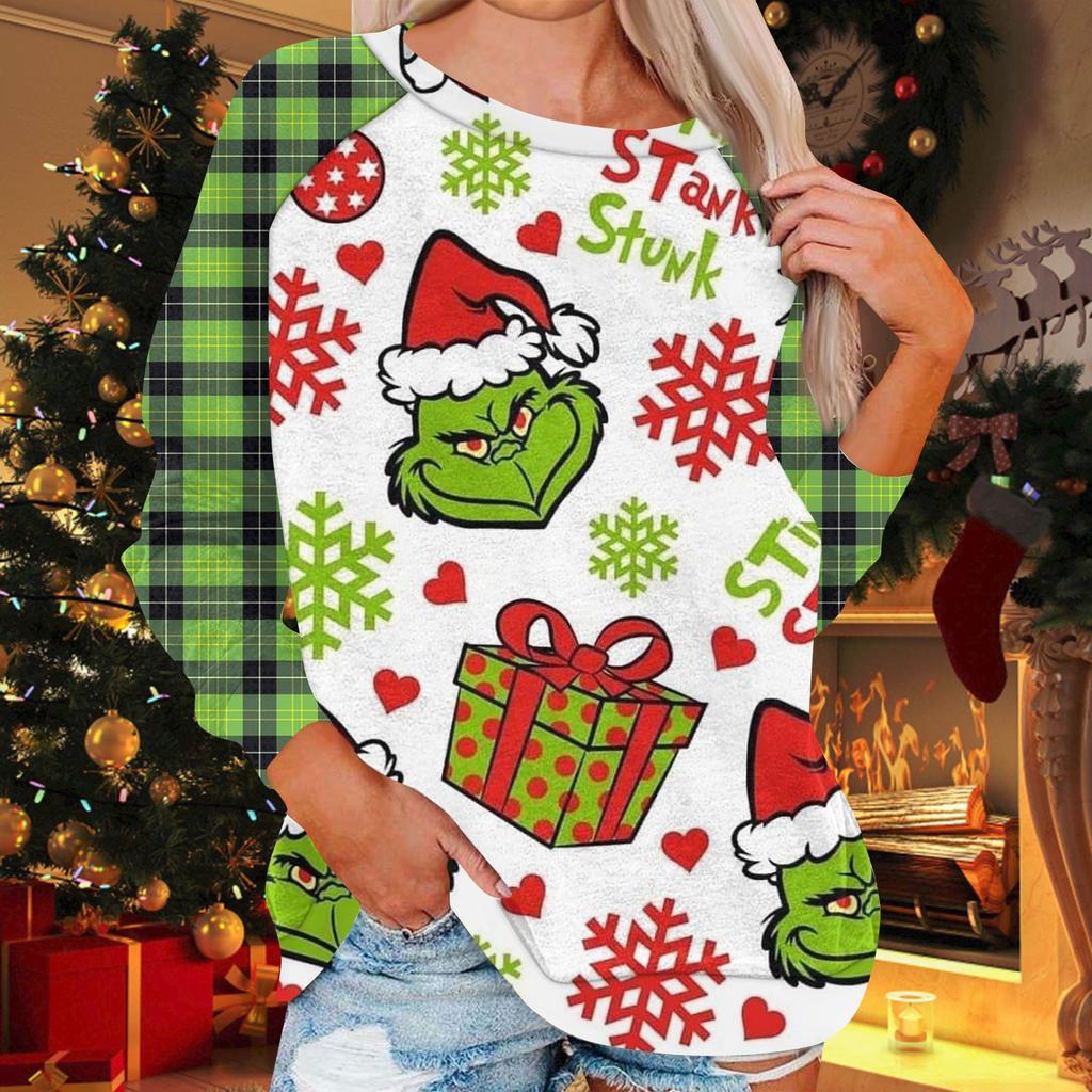 Женская модная повседневная толстовка с круглым вырезом и длинным рукавом с рождественским принтом и рукавом реглан