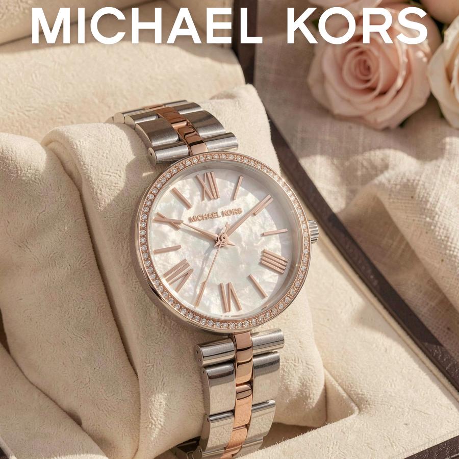 Michael Kors Женские кварцевые часы Maci Белый перламутровый циферблат Нержавеющая сталь (двухцветный, серебристого и розового золотого тонов) Ремешок 34 мм MK3969