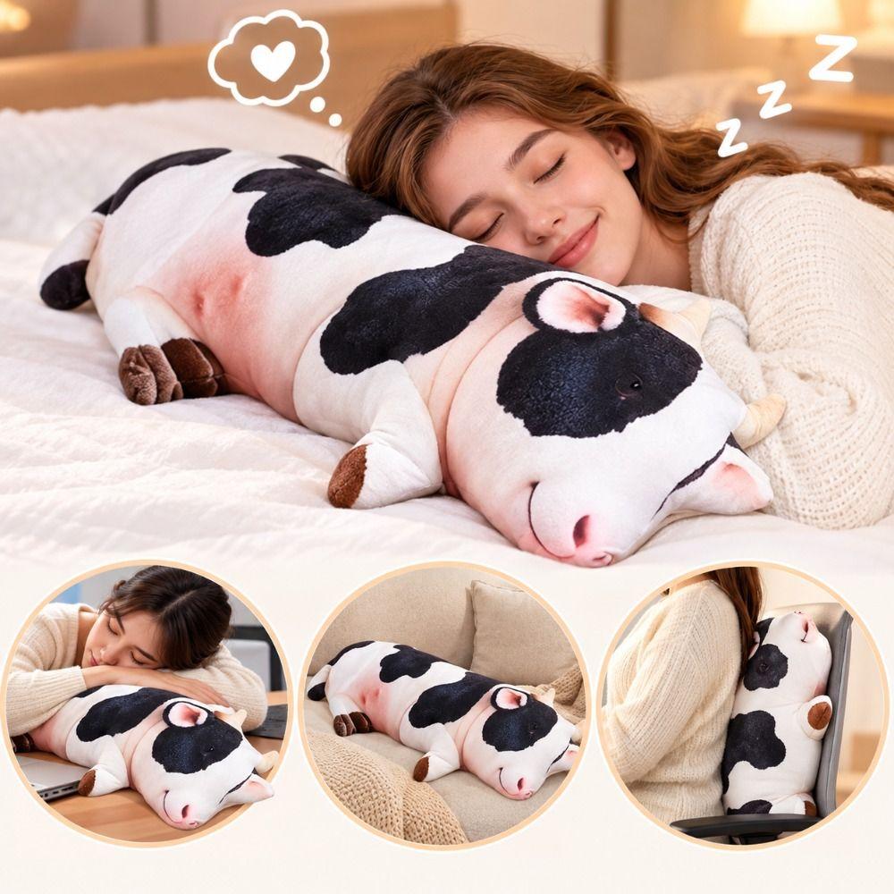 Soft PP Cotton Filling Cow Plush Pillow Huggable Long Body Animal Plush Doll Bed Sofa Lounge Decor
