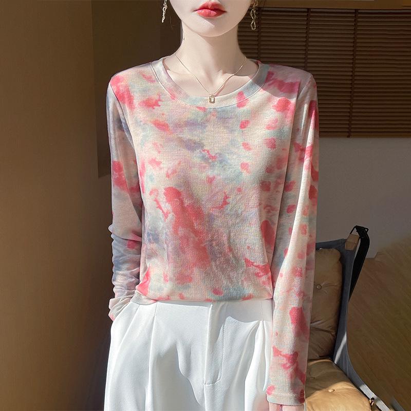 2025 Весна/Лето Ретро Водорастворимая Tie-Dye Круглая Горловина Женская Мягкая Тонкая Футболка