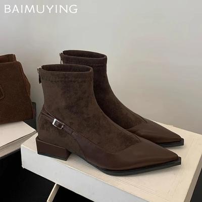Женские ботильоны из замши, массивные, с острым носком, кожаные туфли, женская зимняя тенденция 2024 года, элегантные, сексуальные, модные, челси, Botas De Mujer
