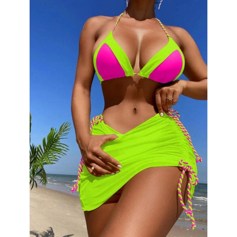 2025 черный бретелька через шею 3 шт бикини стринги юбка купальник женский купальник женский купальный костюм для купания купальный костюм пляжная одежда