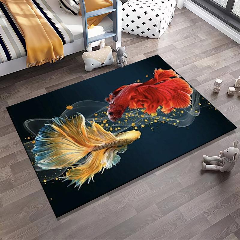 Colorful Betta Fish Design Carpet with Black Background, Living Room Decor Suitable for use as an anti-slip for living room bedroom sofas