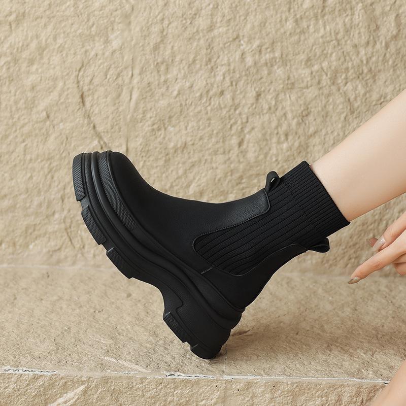 Эластичные вязаные носки и сапоги в стиле ретро для женщин 2024 года, осень-зима, новые узкие короткие сапоги с толстой подошвой и рукавами на высоком каблуке