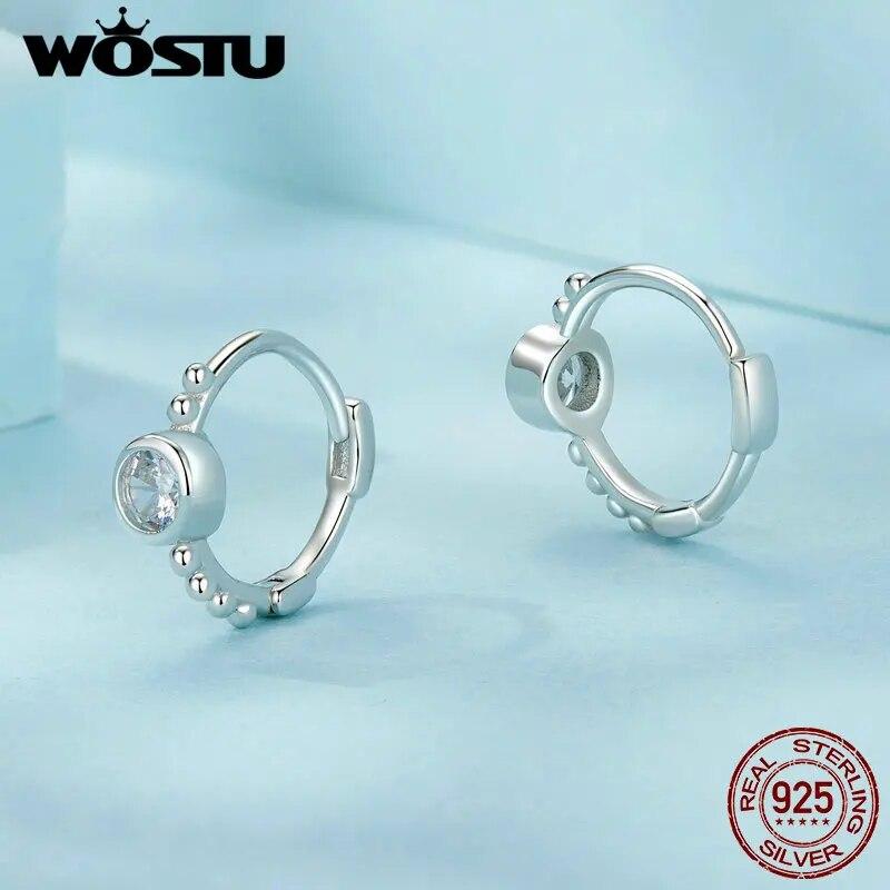 WOSTU 925 Sterling Silver Simple Beads Hoop Earrings Ear Buckles with Zircon Fine Jewelry For Women Girl Party Daily Gift