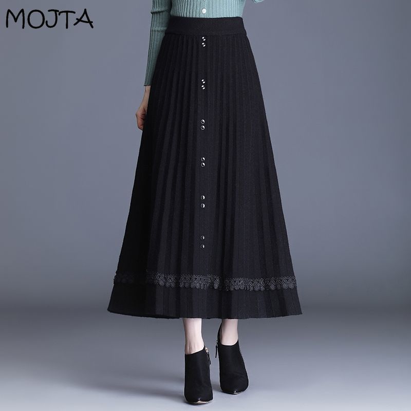 Осень-зима женская трикотажная юбка-миди женская юбка с высокой талией утепленная однотонная тонкая плиссированная юбка трапециевидной формы средней длины