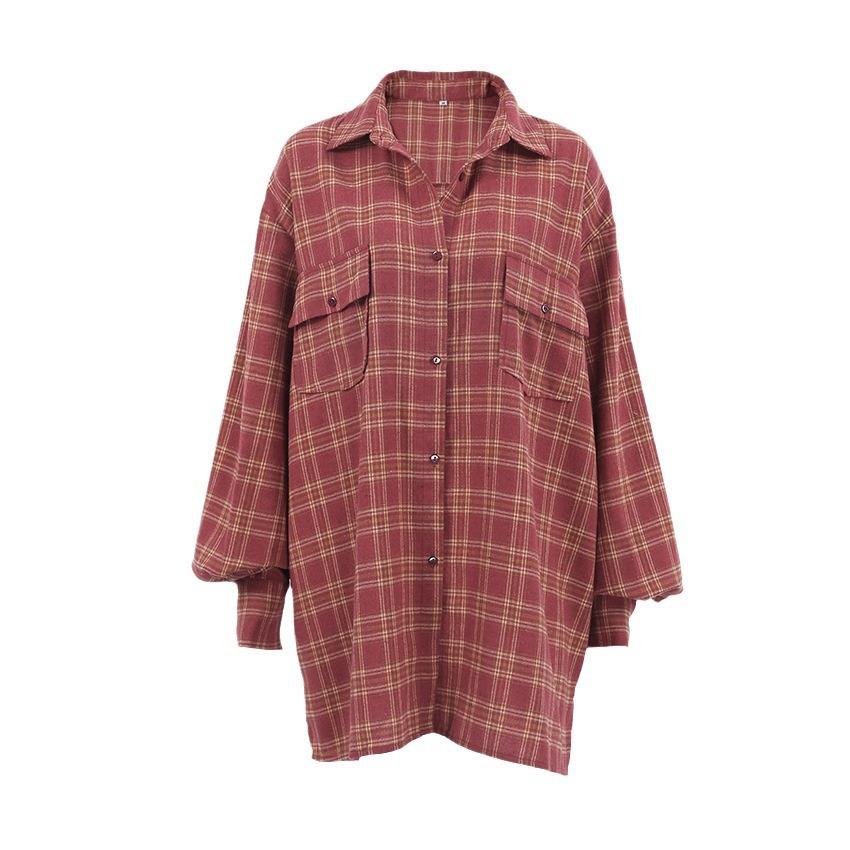 American retro brick red Scottish plaid loose shirt 1116 autumn new European and American plaid shirt women's clothing