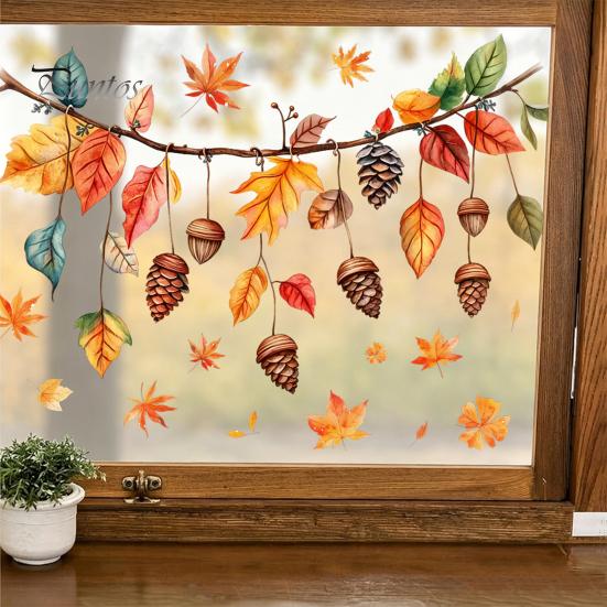 Durable Window Clings for Glass Autumn Maple Leaf Pinecone Scarecrow Pumpkin Static Clings, Waterproof PVC Film Stickers, Removable Seasonal