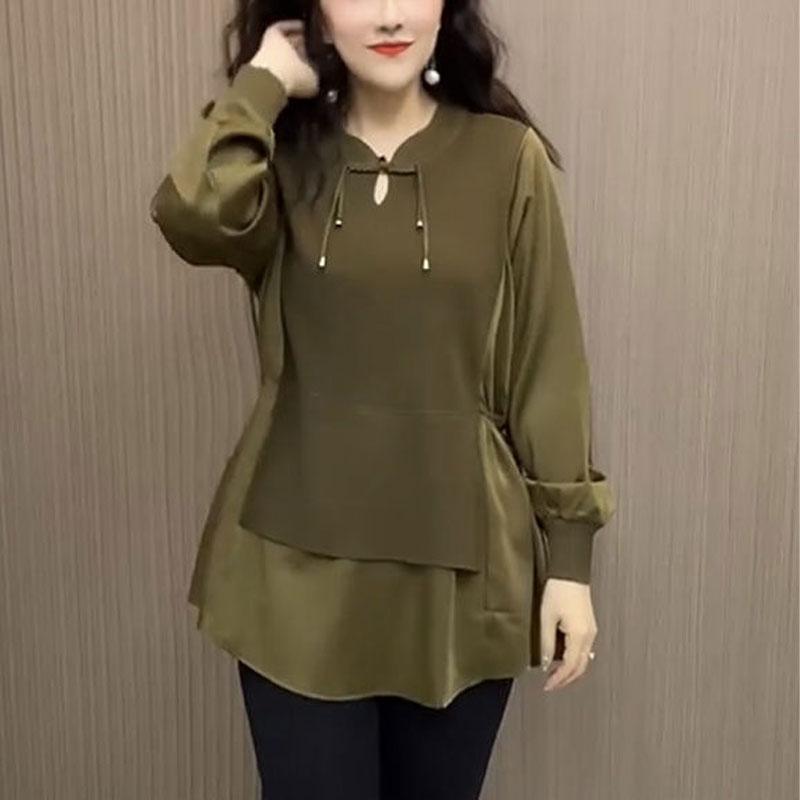 Рубашка женская свободного кроя в стиле пэчворк, имитирующая двойку, повседневная, с V-образным вырезом, модная, весенне-осенняя, винтажная блузка с китайской застежкой-пуговицей