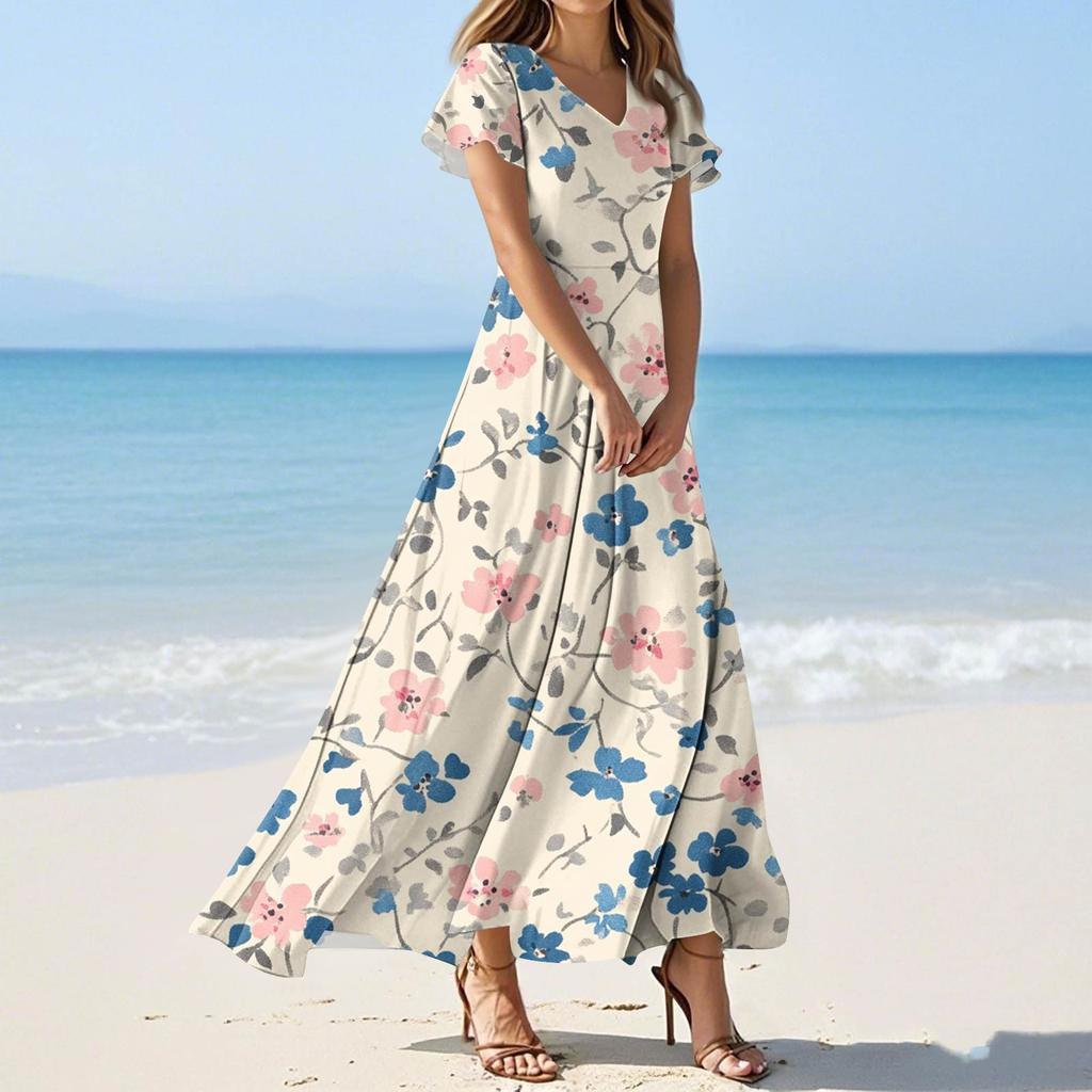 Женские летние повседневные модные платья с принтом и короткими рукавами и V-образным вырезом