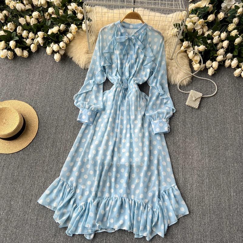 Длинные платья в горошек из шифона трапециевидной формы, весенне-осеннее элегантное платье Vestidos Largos с оборками на шнуровке, милое женское платье