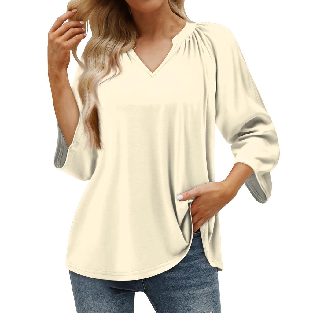Women's Summer Casual 3/4 Sleeve T-Shirt Solid V Neck Pullover Top