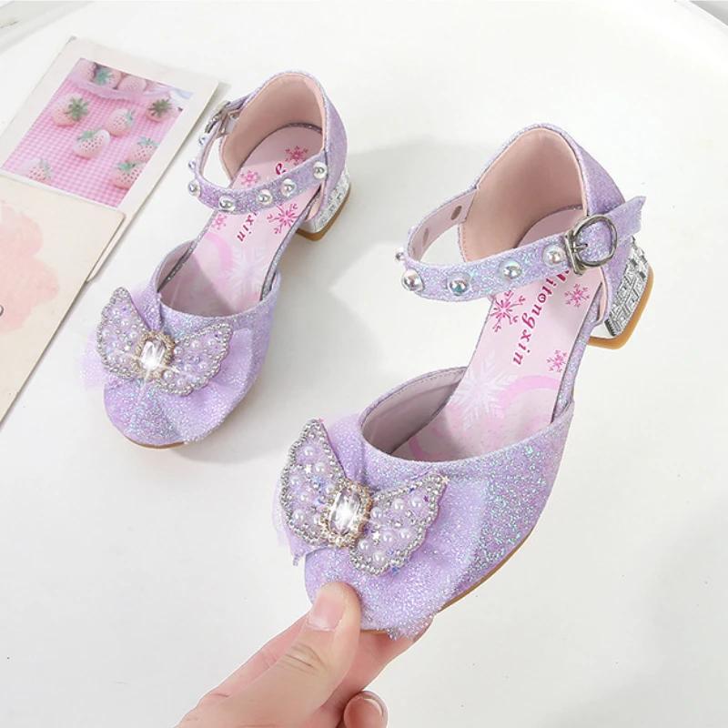 Children Princess Shoes Fashion Glitter Bowknot Girls Wedding Party High-heels Sandals Elegant Kids Sequins Dress Single Shoes