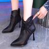 Fashion High Heel Ankle Boots Women's Autumn and Winter New Pointed Toe Boots Zipper Leather Fashion Pleated Designer Boots