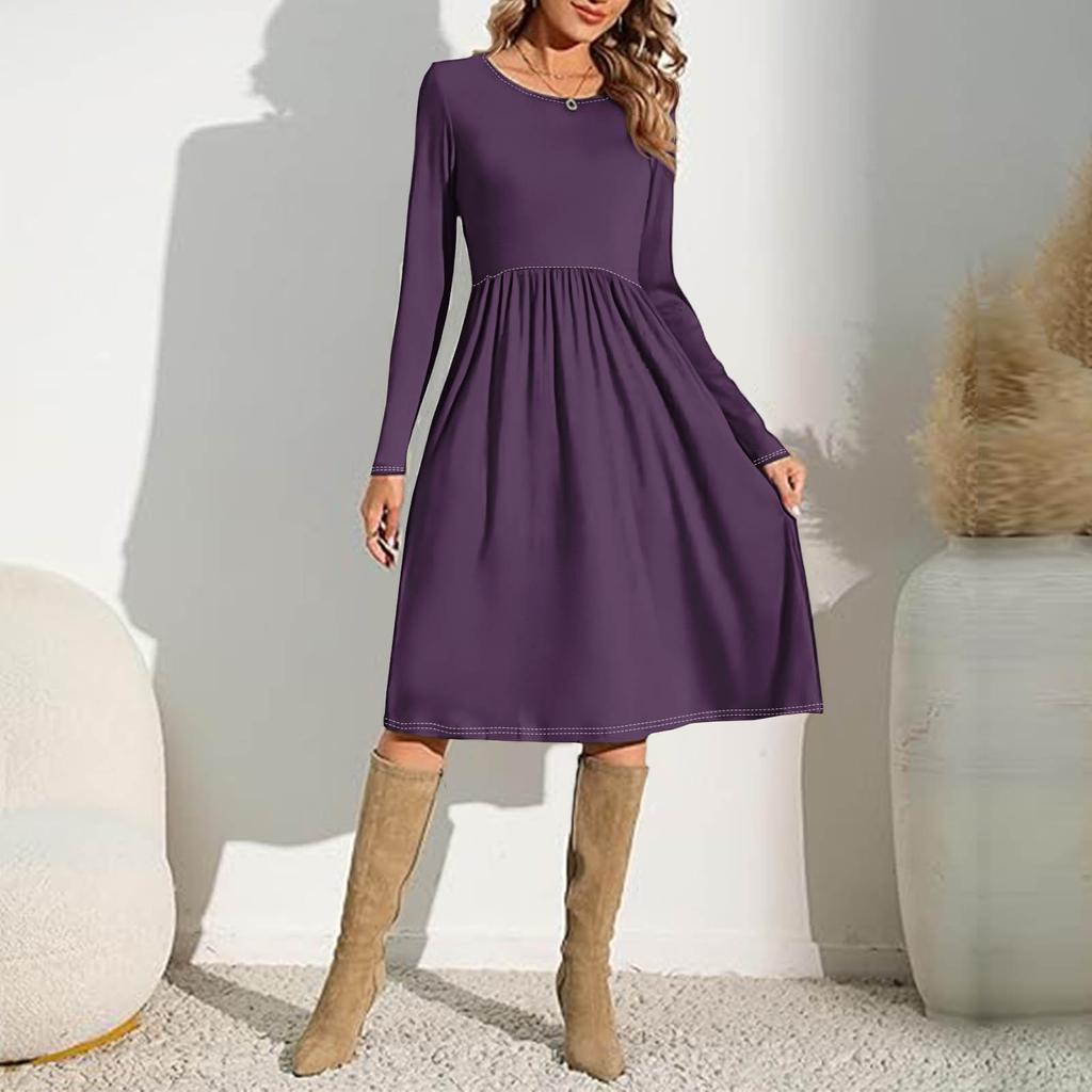 Женские однотонные повседневные платья с карманами на весну с круглым вырезом и длинными рукавами