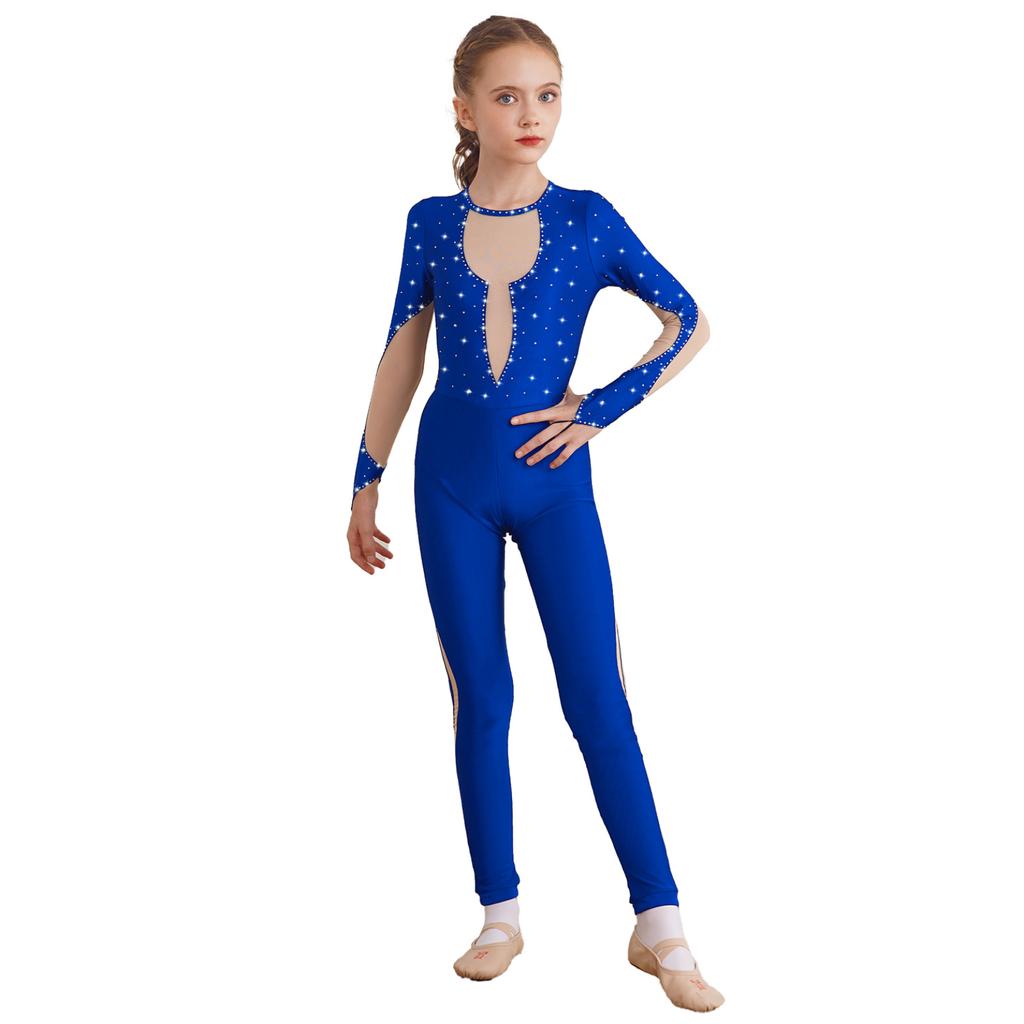 Kids Girls Shiny Gymnastics Unitard Bodysuit Long Sleeve Back Keyhole Mesh Patchwork Ice Skating Jumpsuit