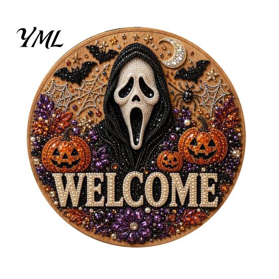 Wall Hanging Decor Halloween Faux Pearl Door Sign Kit, Ghost Skull Skeleton Cat Welcome Decoration Crafts Handmade Painting Arts for DIY Art
