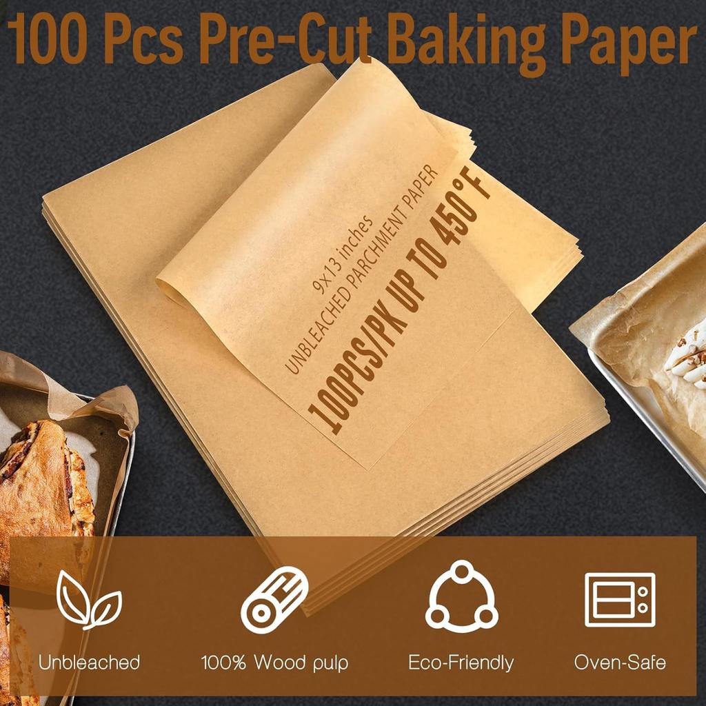100Pcs Parchment Paper Sheets, 9x13 In Unbleached Parchment Paper for Baking Grilling Air Fryer and Steaming, Precut Non-Stick Parchment Baking