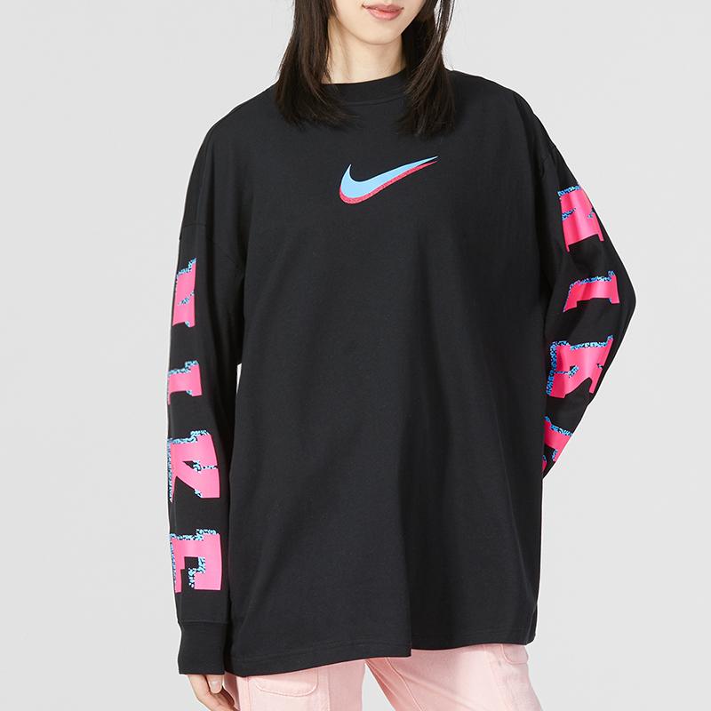 Nike Спортивная женская футболка с принтом, круглым вырезом, свободного кроя, с длинным рукавом, черная, Женская, DX7925-010