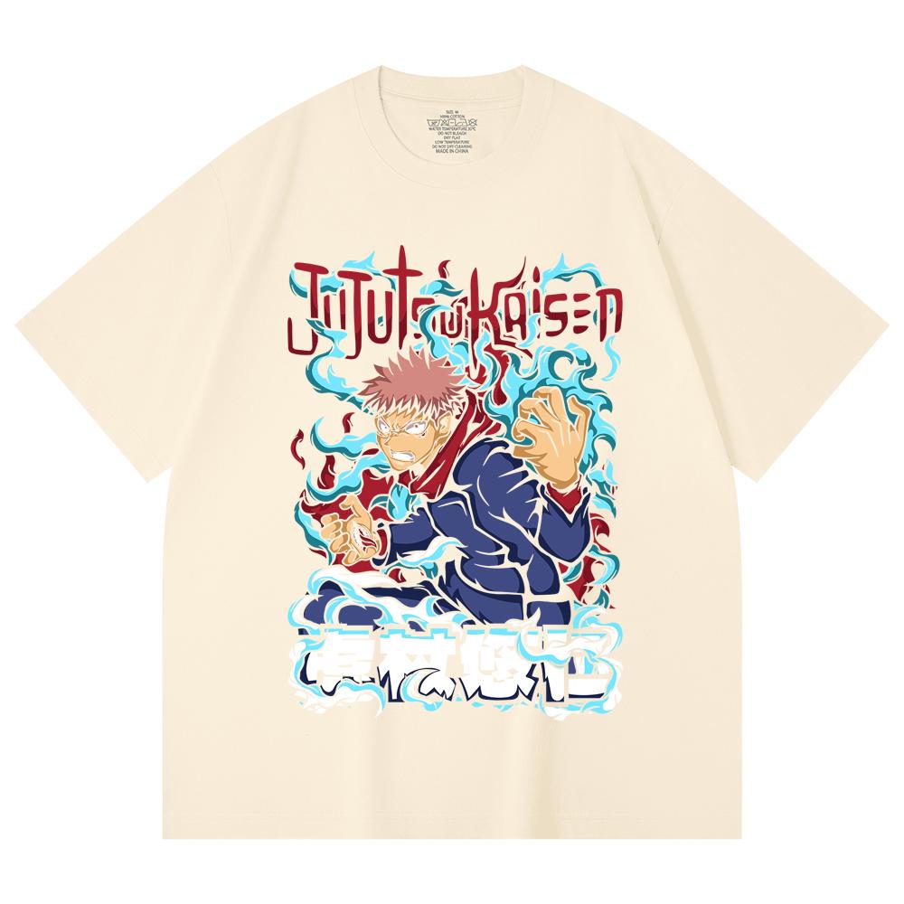 230 Gsm 100% Cotton Jujutsu Kaisen V50 Yuji Print Unisex Heavy Cotton T Shirt