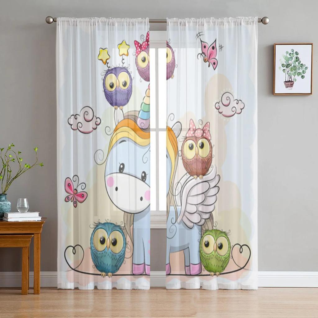 Милый мультяшный единорог с цветами, прозрачные шторы для гостиной, детская спальня, тюлевые шторы, кухонные шторы для окон