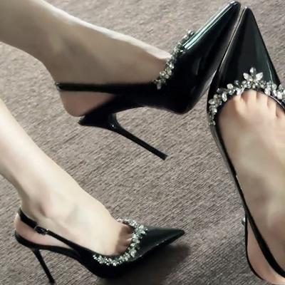 Черные туфли на высоком каблуке со стразами, женские туфли на тонком каблуке 2025 года, весна и осень, новые французские босоножки с заостренным носком и головным убором, сексуальные туфли-туфли королевской сестры
