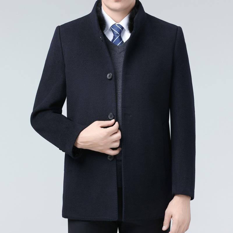 Winter Double-sided Cashmere Coat for Middle-aged Men, Thickened Mink Fur Collar Windbreaker, Mid-length Woolen Down Jacket