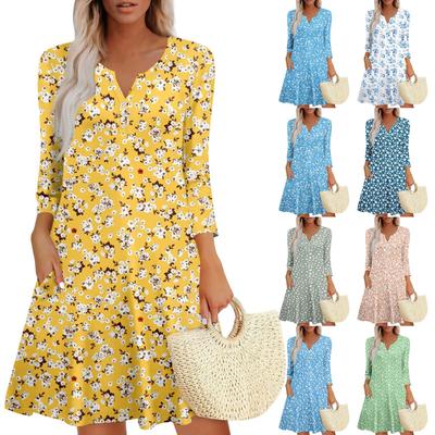 Женское летнее платье, свободное платье с V-образным вырезом, рукавом три четверти и карманами