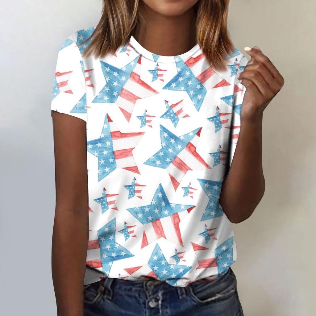 Women's Fashion Casual Independence Day Printed Round Neck Short Sleeve T-Shirt Top