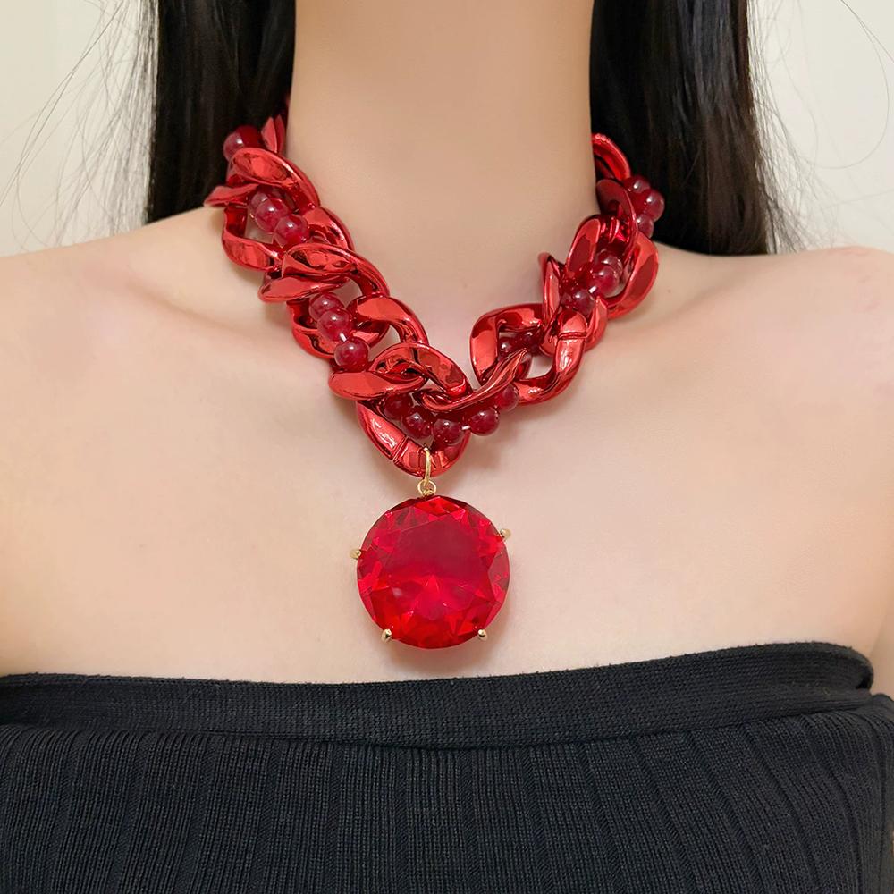 Colorful Acrylic Beaded Thick Chain Necklace For Women Retro Large Gemstone Pendant Collarbone Chain Neck Chain Fashion Jewelry