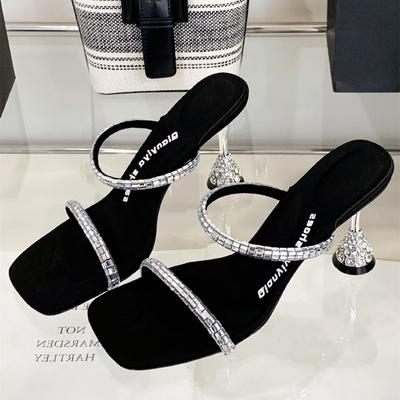 Модные роскошные женские босоножки со стразами с открытым носком, квадратным носком и тонким каблуком, дизайнерские шлепанцы, летняя модная обувь на высоком каблуке для женщин