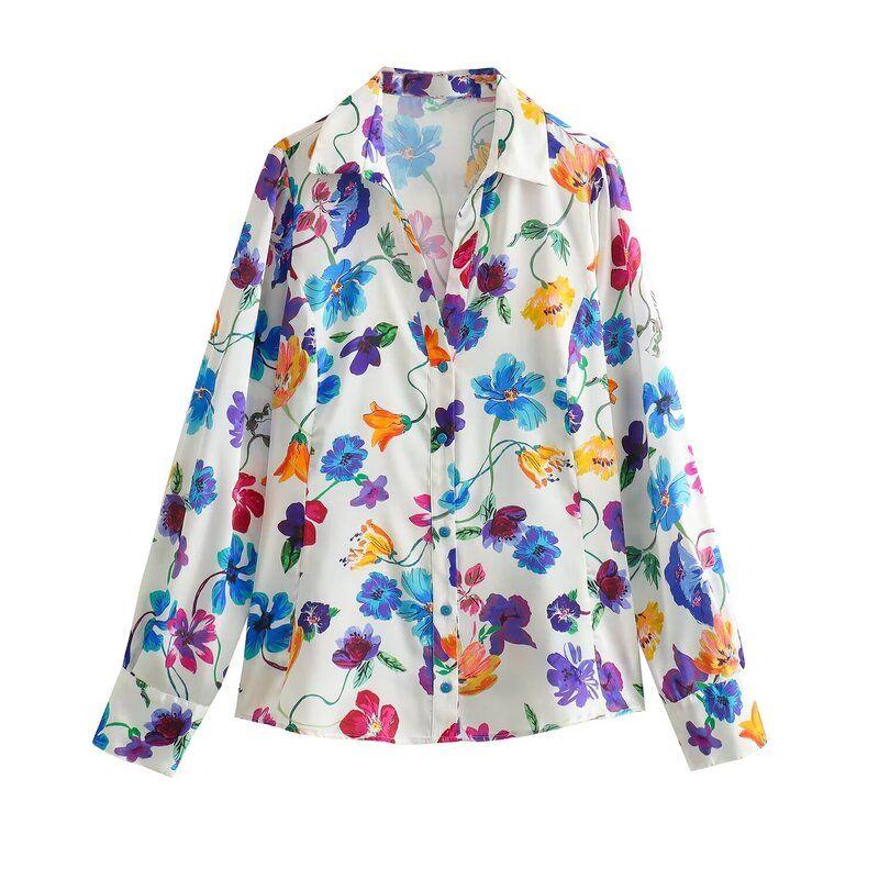 Fashion Style 2024 Spring New Women's Clothing Temperament Wild Florals Print Satin Shirt 2603121 330