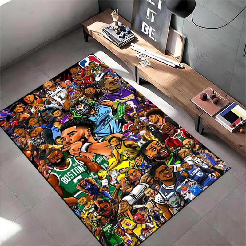 Area Rug, NBA Superstars Cartoon Collage All Teams Players Tatum LeBron Luka SGA Black Print, Fan Cave Decor, Non-Slip Mat